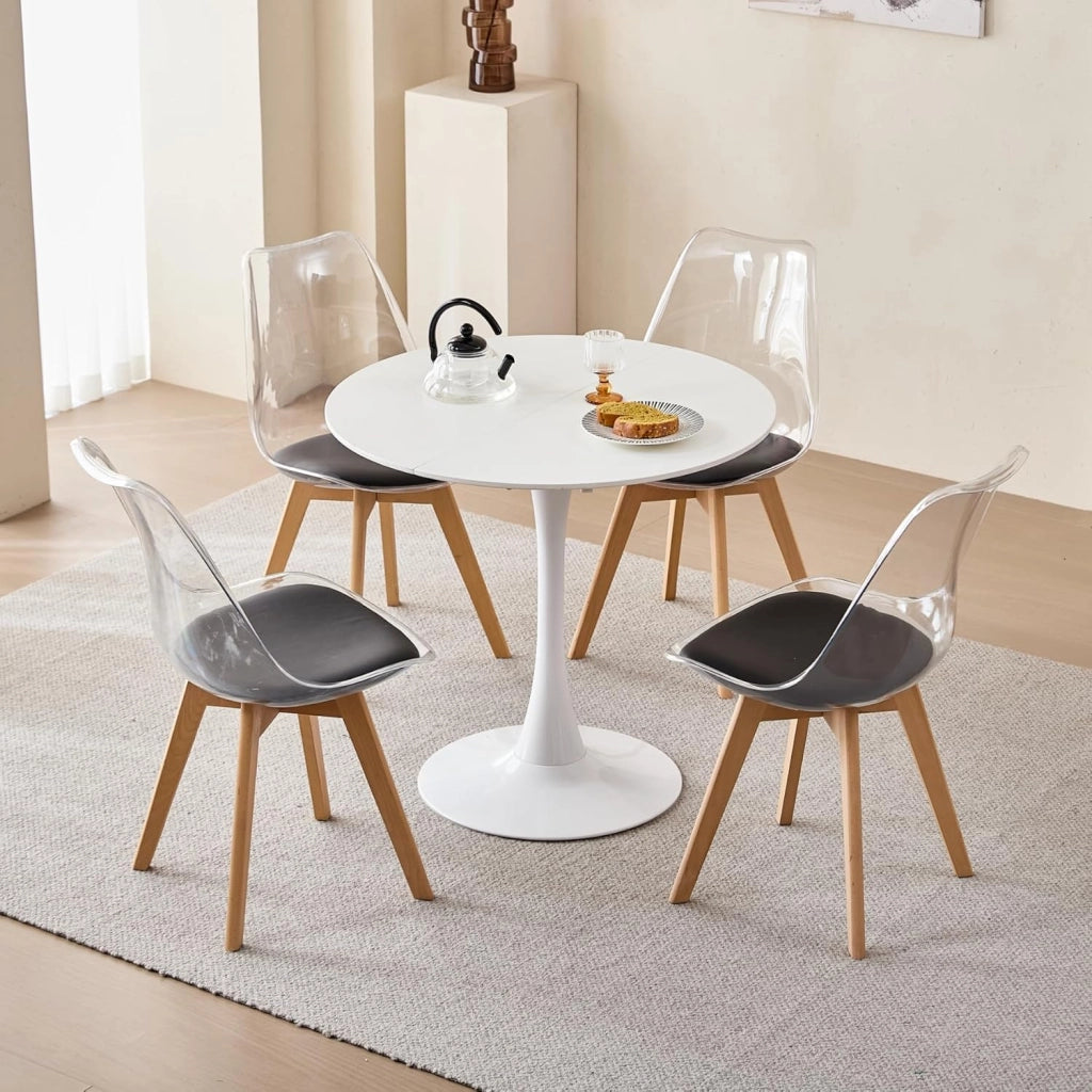 GrandCA HOME Tavolo da Pranzo con 4 Sedie, Tavolo da Pranzo Rotondo Moderno Bianco da 80 CM, 4 Sedie da Cucina Trasparenti Tulip, per Cucina, Soggiorno (Nere)