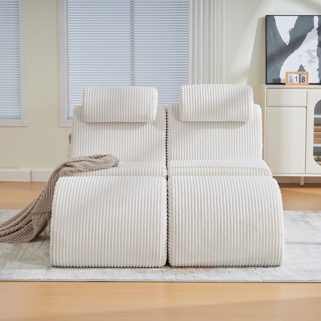 Poltrona singola ergonomica con tasca laterale e cuscino removibile in velluto a coste beige 160 × 66 × 90 cm