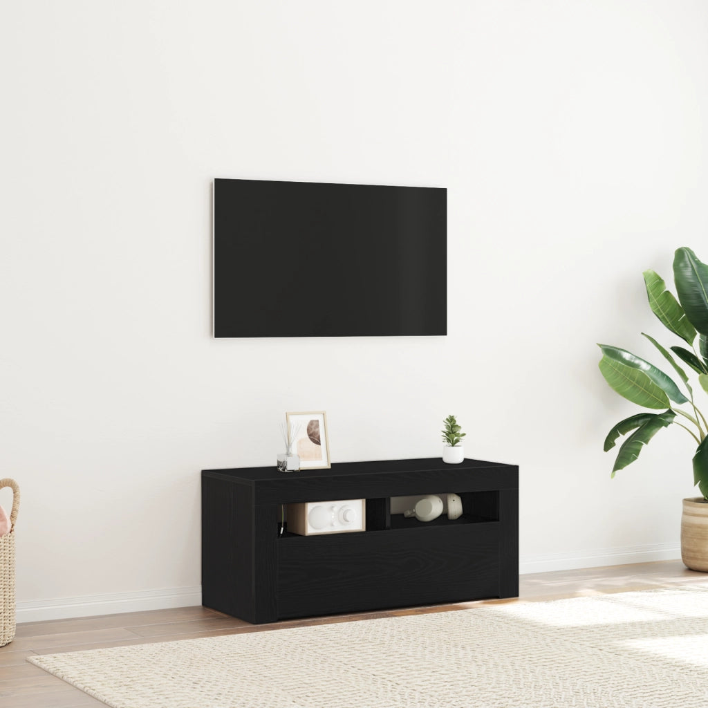 Mobile TV con LED Nero Rovere 90x35x40 cm Legno ingegnerizzato