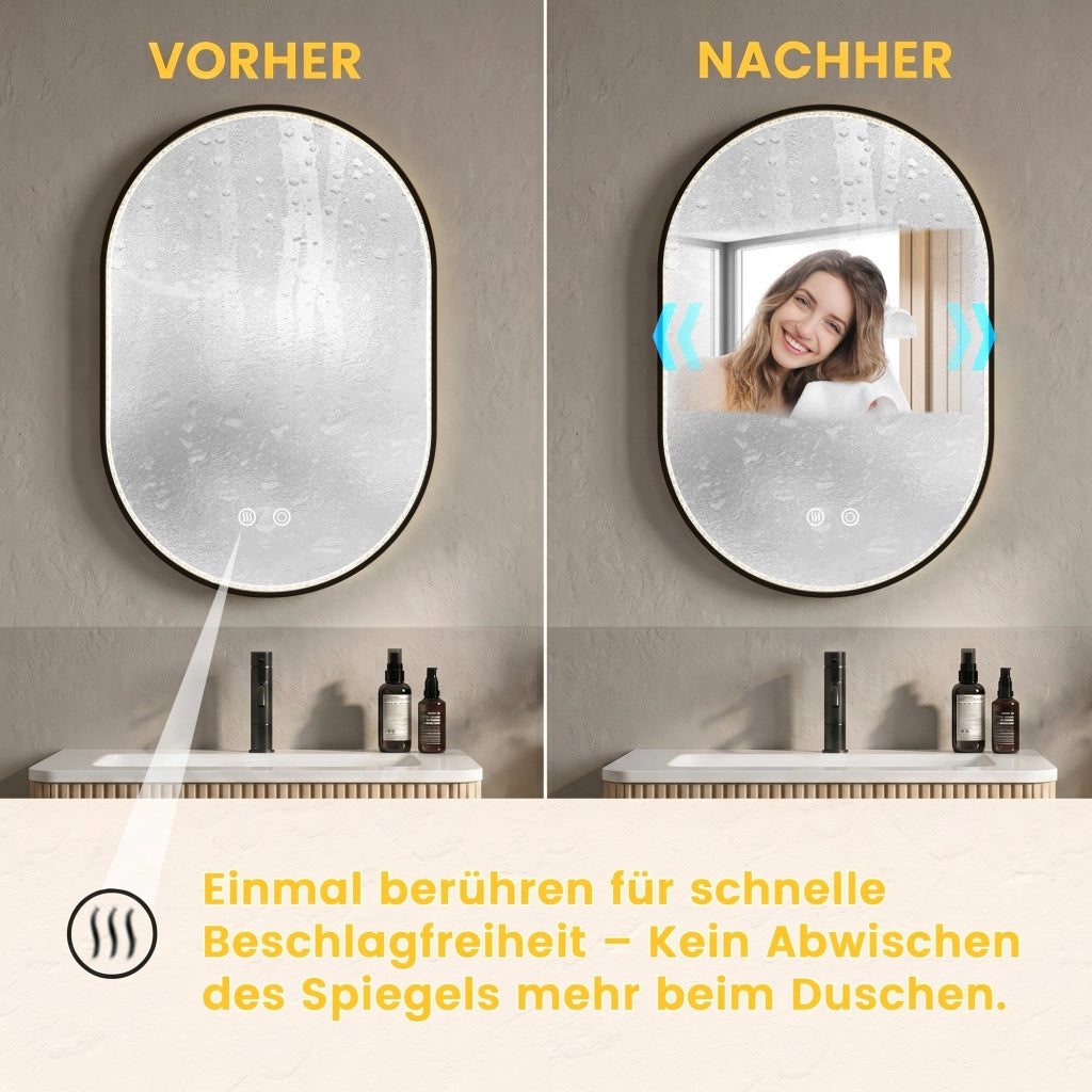 Specchio da bagno ovale con LED, funzione antiappannamento, luce regolabile e cornice nera con cristalli