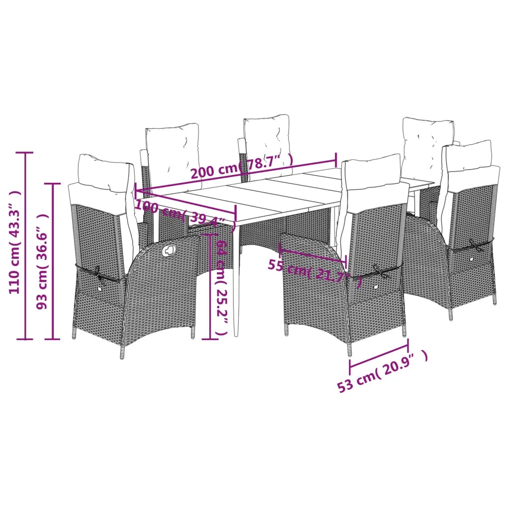 Set da Pranzo da Giardino 7 pz Nero con Cuscini in Polyrattan
