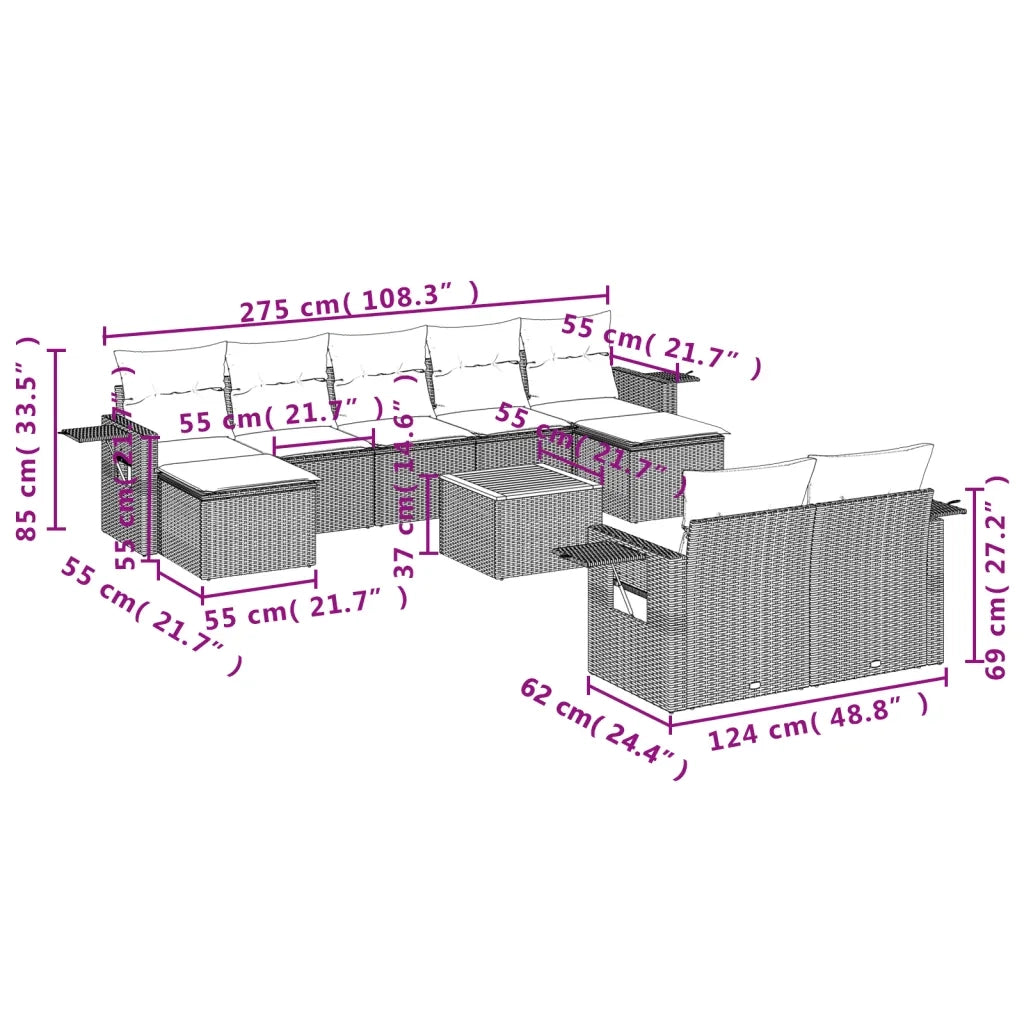 Set Divano da Giardino 10 pz con Cuscini Grigio in Polyrattan 3224779