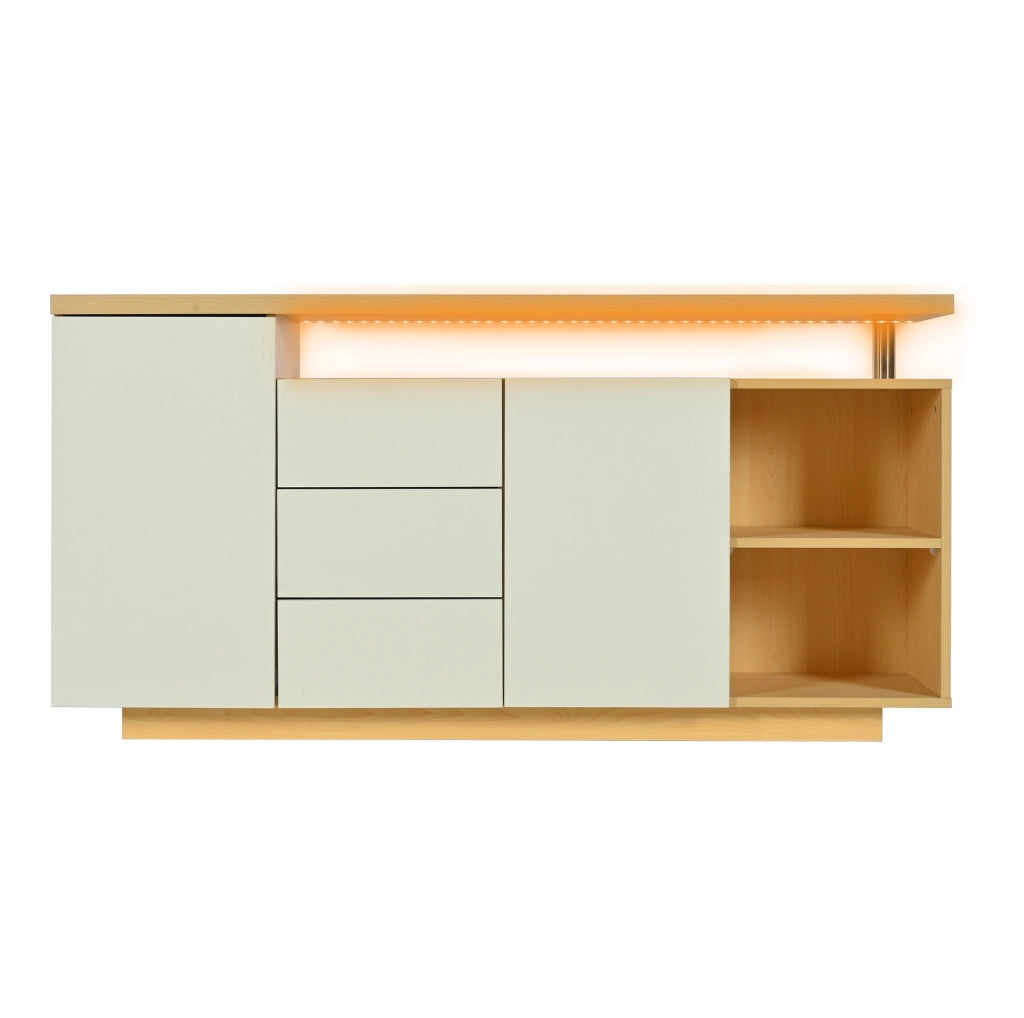 Credenza 140x40x70 cm con illuminazione LED e spazio contenitivo in truciolato bianco e rovere chiaro