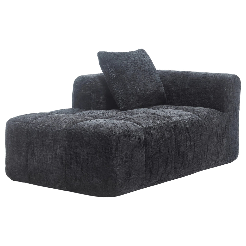Chaise longue moderna in chenille nera, con tasche laterali, cuscino incluso, 158×90×60 cm