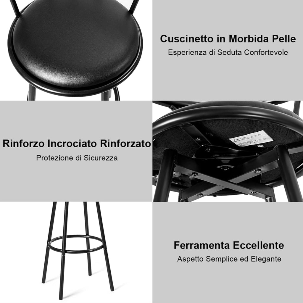 Sgabello Alto, Girevole a 360°, Set di 2 Sedie da Bar con schienale e poggiapiedi, 101,5 x 56 x 55 cm, Portata Massima 150 kg (Nero)