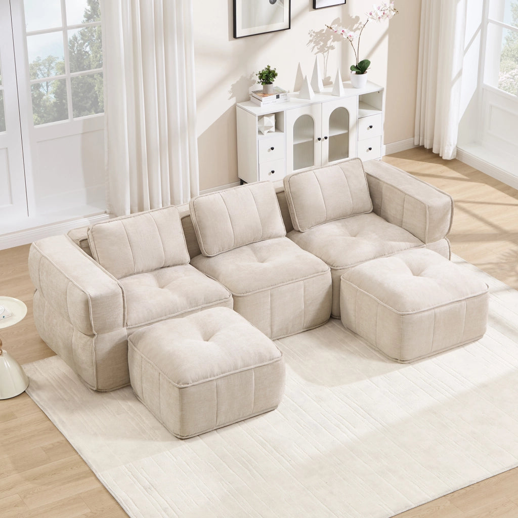 Divano modulare con seduta profonda, pouf e design senza struttura in poliestere beige 271 × 162 × 67 cm