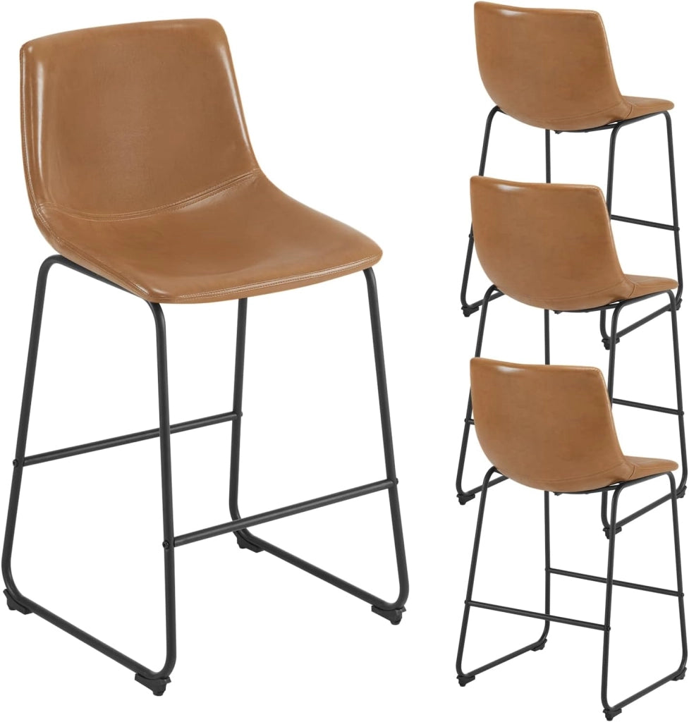 Sgabelli cucina con Schienale, Sedia da Cucina in PU, Sgabello Alto Imbottito per Bistrot, Isola Cucina, con Gambe e Poggiapiedi in Metallo, Marrone, 1071BY-4