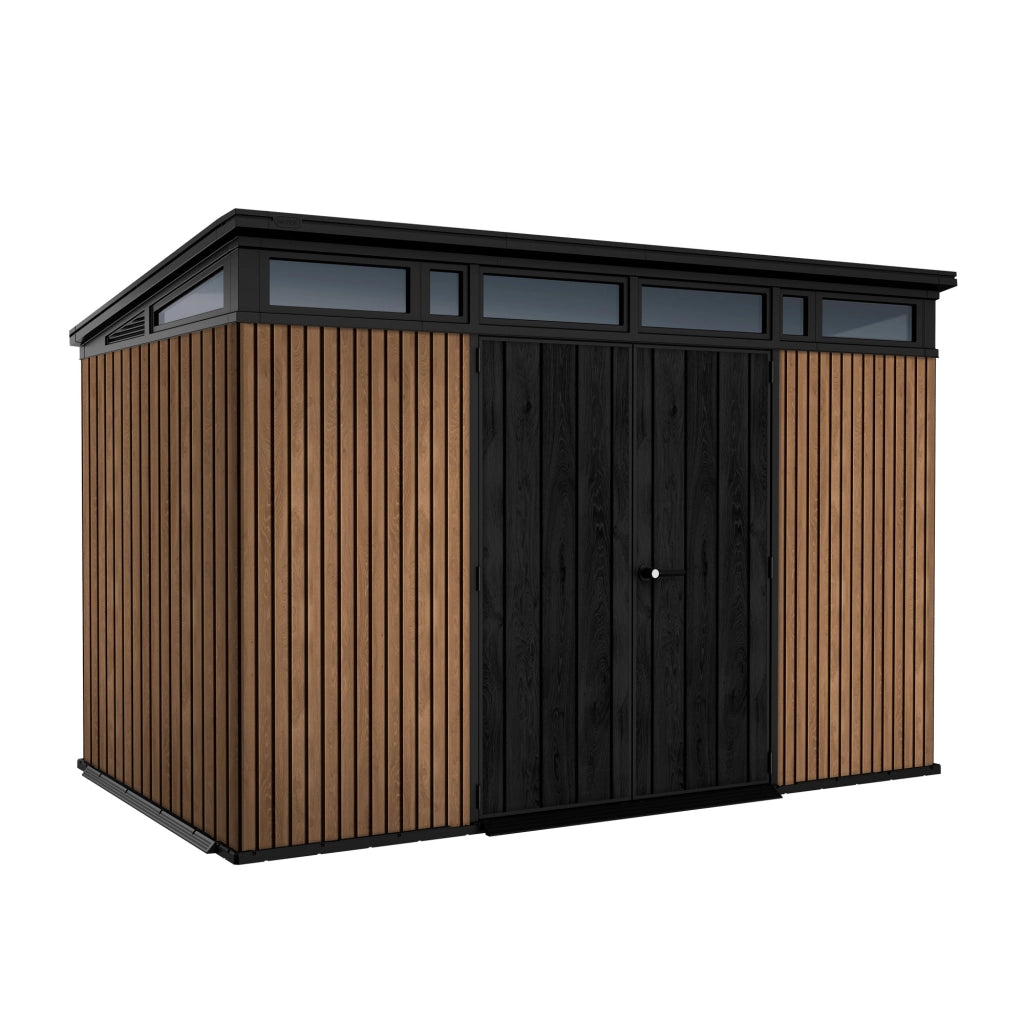 Pent 11x7 - Casetta da Giardino 342x226x218 cm 2 Ante per deposito attrezzi finitura effetto legno Evotech+ in Resina Marrone e Nero