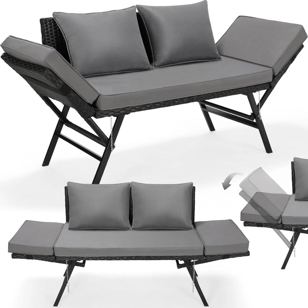 Divano Esterno Giardino in Polyrattan con Funzione Reclinabile, Divanetto da Esterno 2 Posti,Mobili da Giardino in Rattan,Divano in Polyrattan con Braccioli Regolabili,per Giardino,Terrazza (Nero)