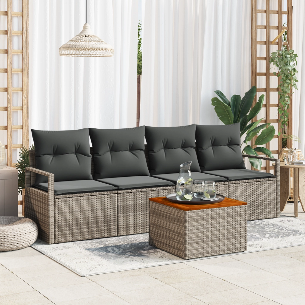 Set Divano da Giardino a 5 Pezzi con Cuscini Grigio Polyrattan Acacia