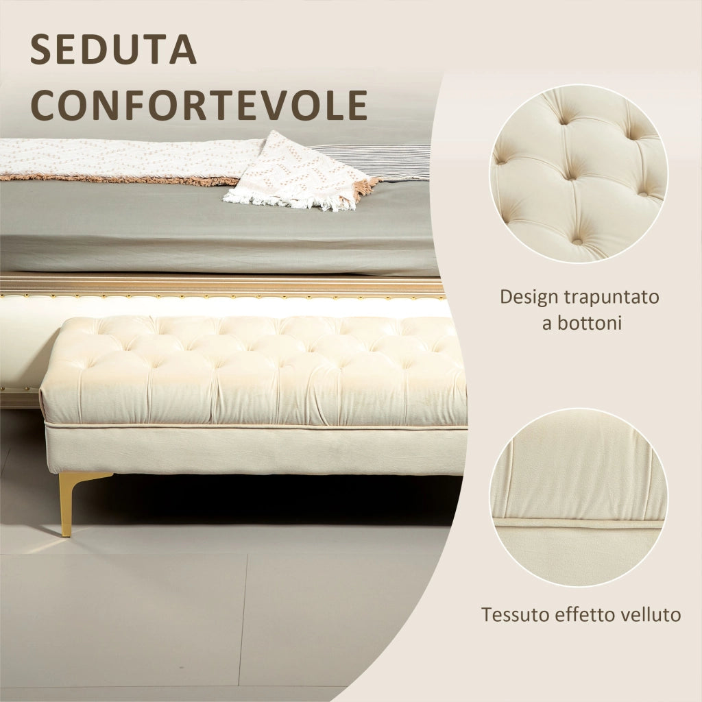 Panca Fondo Letto Imbottita con Rivestimento Trapuntato in Tessuto Effetto Velluto, 118x45x42 cm, Beige