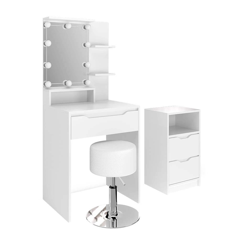 Vicco Tavolo da toeletta Bianco con cassettiera, illuminazione a LED e sgabello