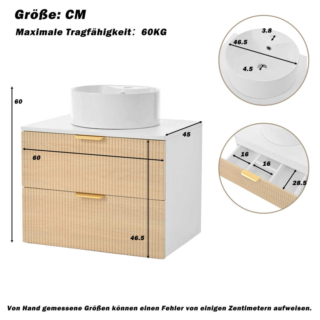 Mobile bagno sospeso 60 cm con lavabo in ceramica, 2 cassetti, MDF naturale