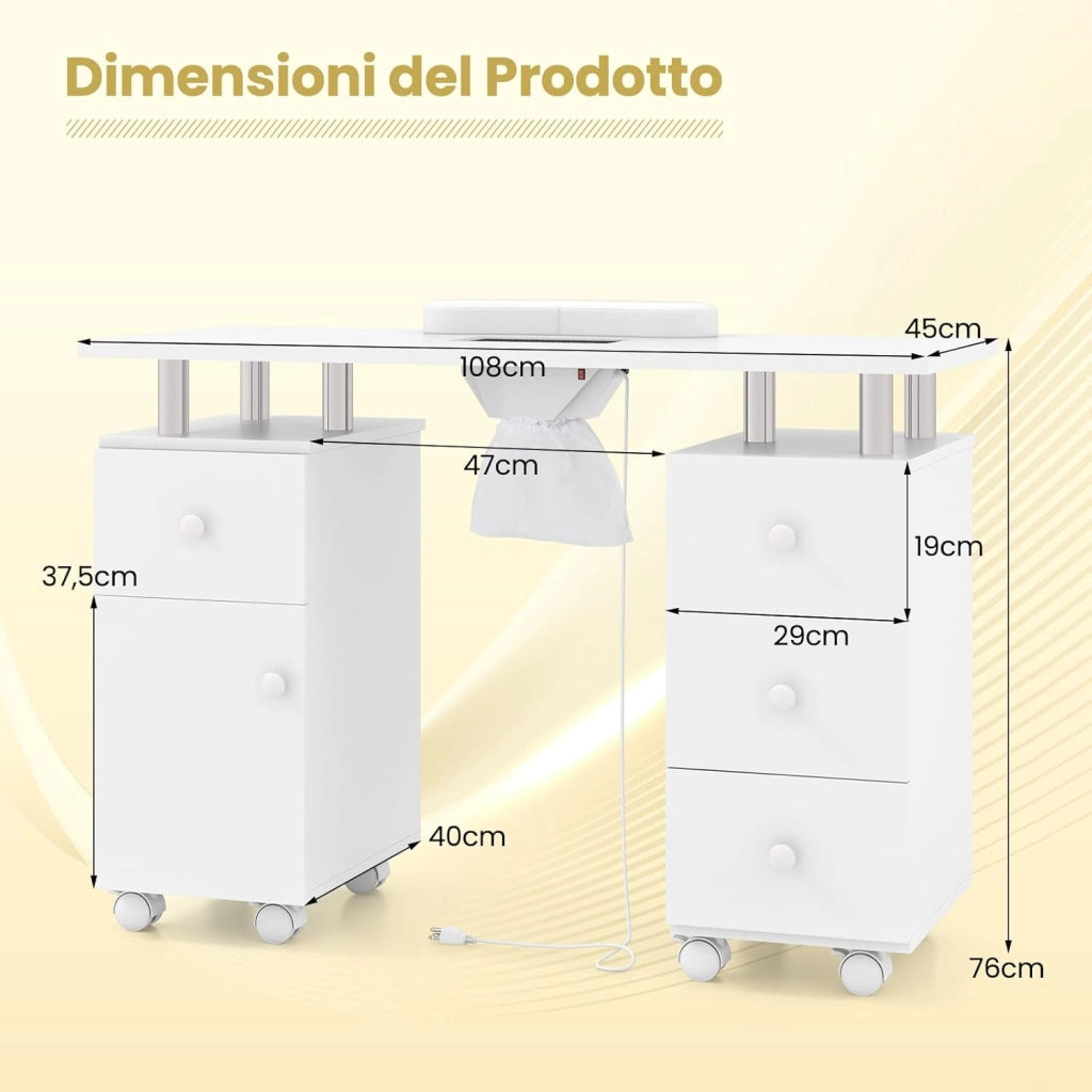 COSTWAY Tavolo Manicure con Aspirapolvere, Tavolo Unghie con Cassetti, Spina, 3 Sacchetti, Armadietto, Cuscino Poggia Polso e 8 Ruote blocabili, Banco Ricostruzione Unghie in Legno (Bianco)