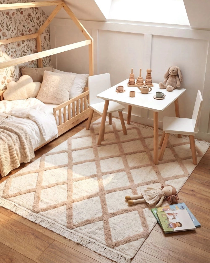 Tappeto per bambini in cotone 140 x 200 cm con motivo geometrico Beige Stile Boho Soggiorno Bambini Stanza dei bambini