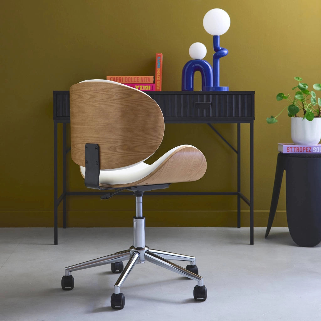Sedia da ufficio con rotelle, effetto legno curvato e similpelle,