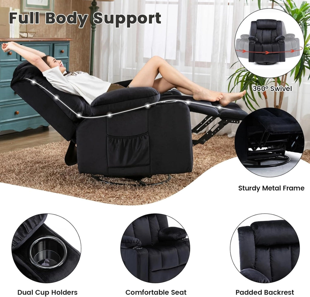 Poltrona Reclinabile Girevole per Adulti con Schienale e Poggiapiedi Regolabili, Poltrona 360° da Salotto, Portabicchieri, Tasche Laterali, Tessuto Morbido, Supporto Ergonomico, Nero