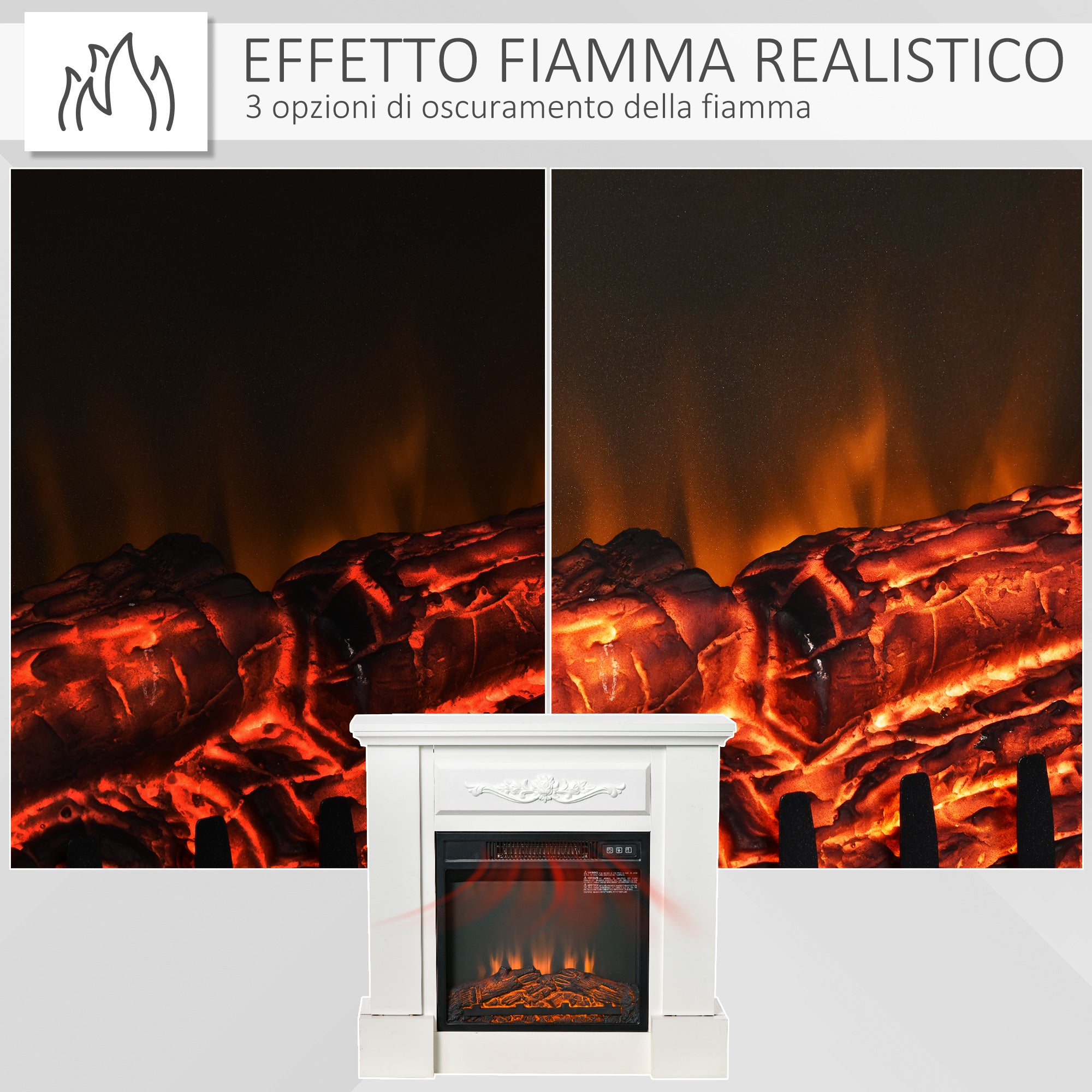 Camino Elettrico da Terra 1800W con Effetto Fiamma Telecomando e Timer Bianco