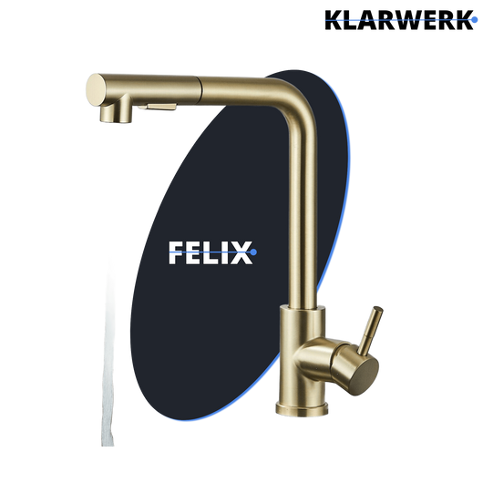 FELIX | rubinetto estraibile di alta qualità in acciaio inox oro opaco | miscelatore bocca dritta | rubinetto catering alta pressione 360° 2 attacchi