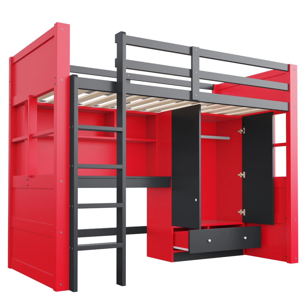 Letto a soppalco 90x200 cm con armadio e cassetti; scrivania; LED e prese; nero e rosso