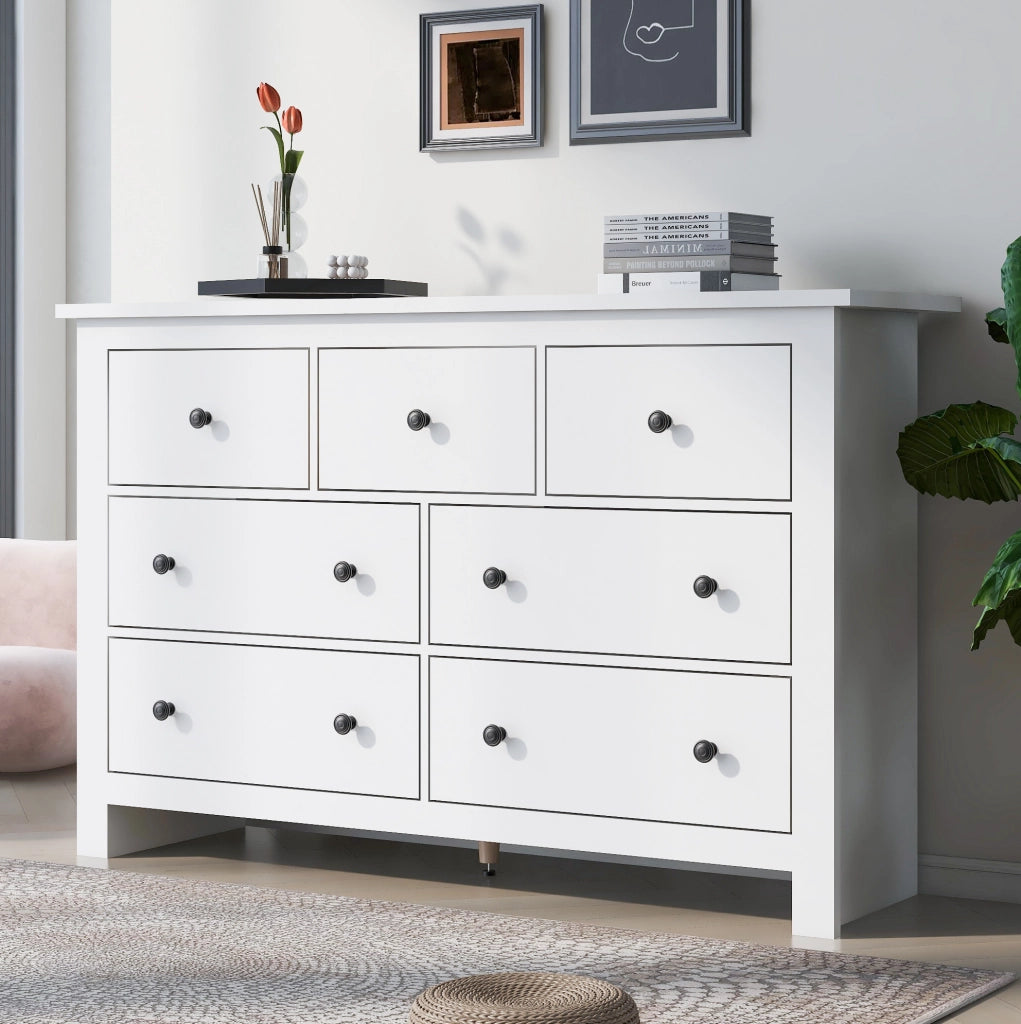 Credenza con 7 cassetti in stile classico francese; 152 cm; in pannello truciolare bianco