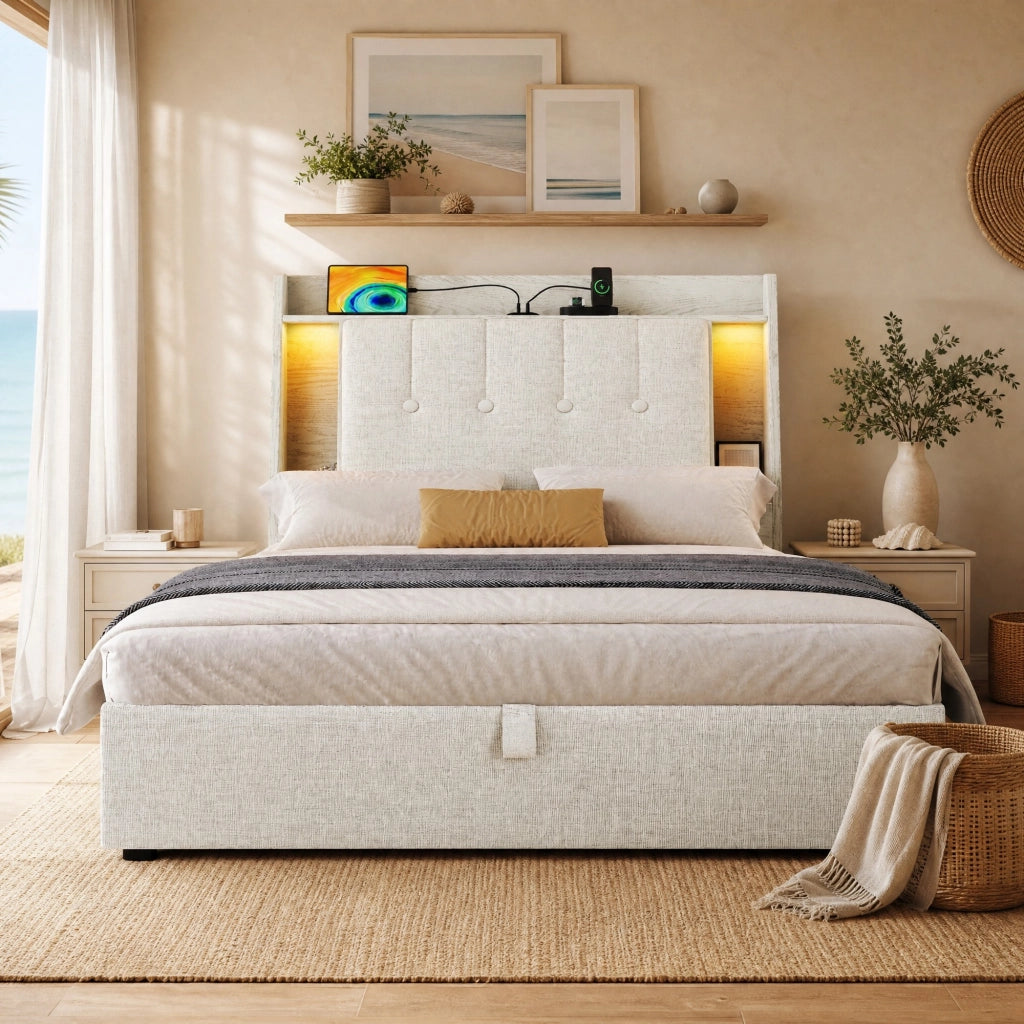 Letto imbottito 90x200 cm con LED e porte USB-C, beige