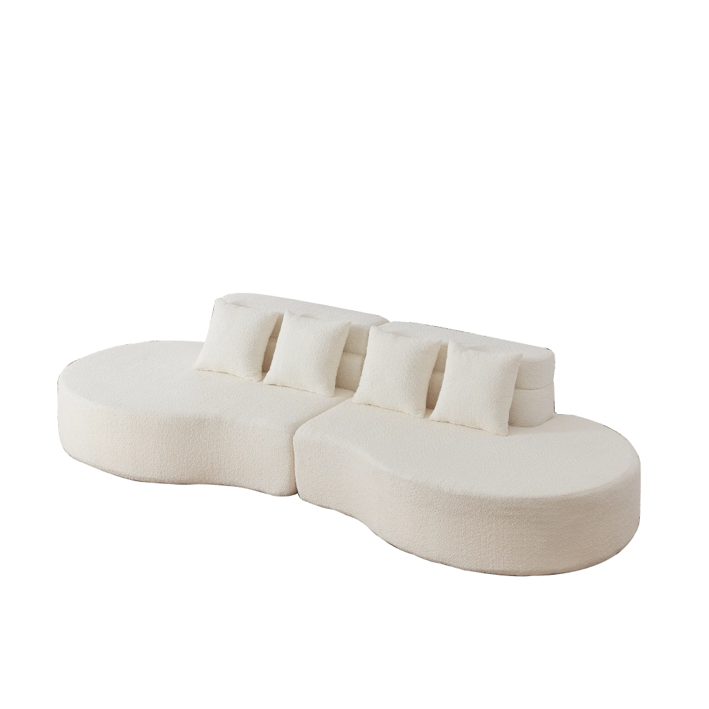 Divano modulare a 2 pezzi in chenille beige con schienale a strati e design curvo senza telaio