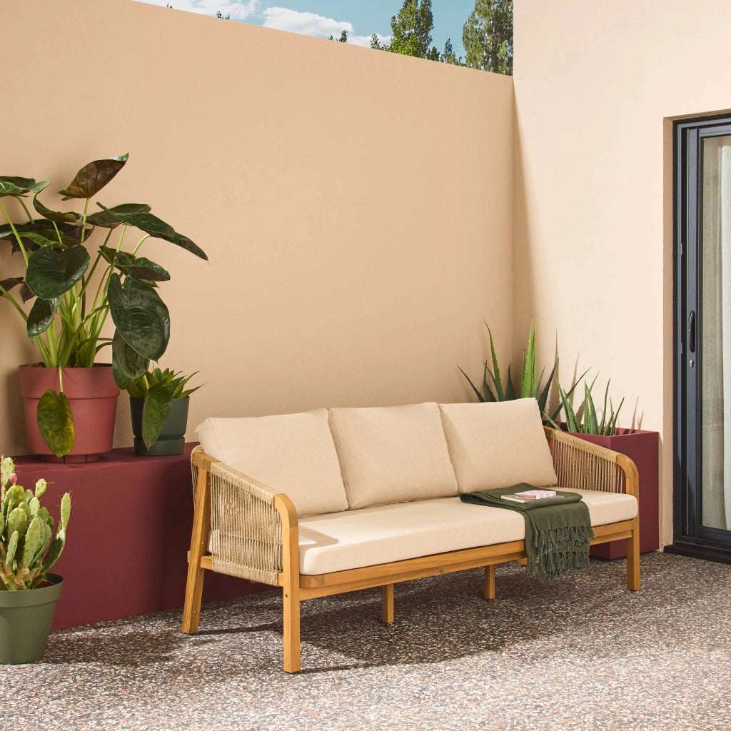 Divano da esterno in legno di acacia e corde, 3 posti, beige