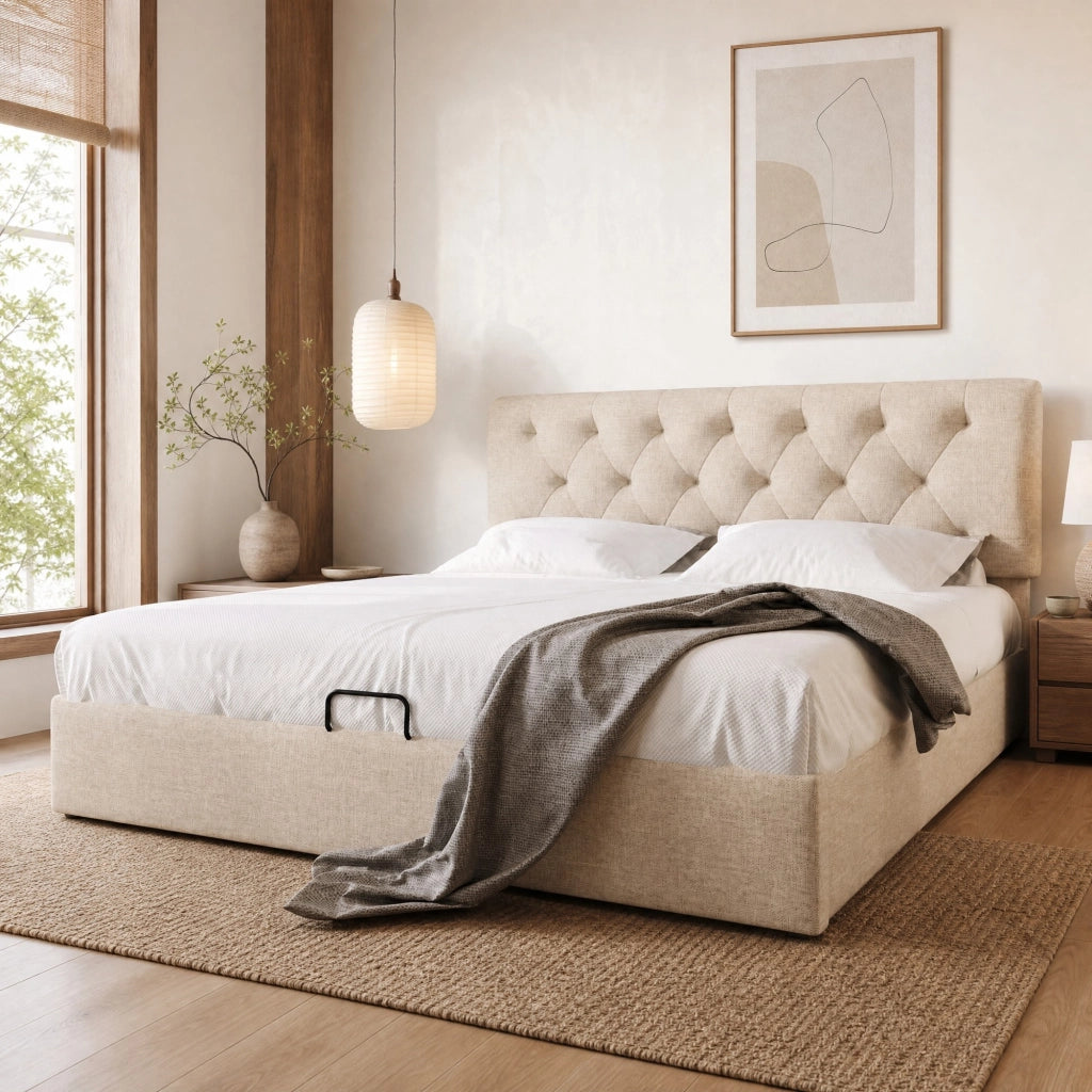 Letto matrimoniale 160x200 cm con contenitore; testiera regolabile; lino naturale