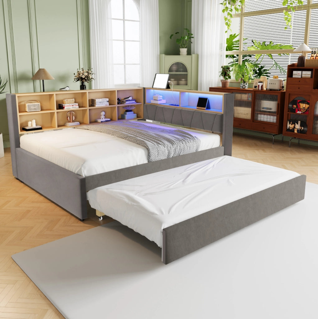 Divano letto multifunzione 140x200 cm con letto estraibile 90x190 cm; LED e porte di ricarica; grigio scuro