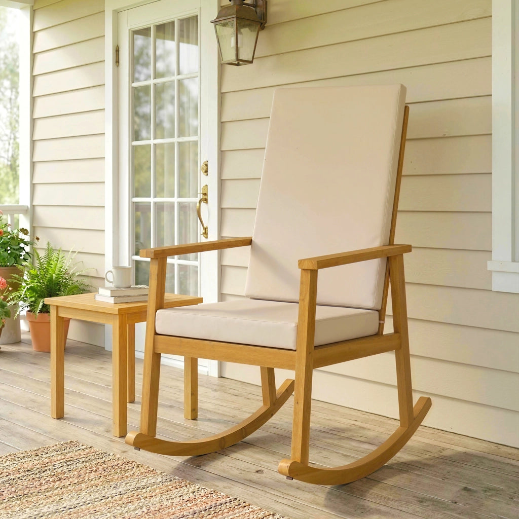 Poltrona a Dondolo in Legno di Acacia con Schienale Alto e Cuscino ¨C Zephmum ¨C Beige 60x89x107 cm