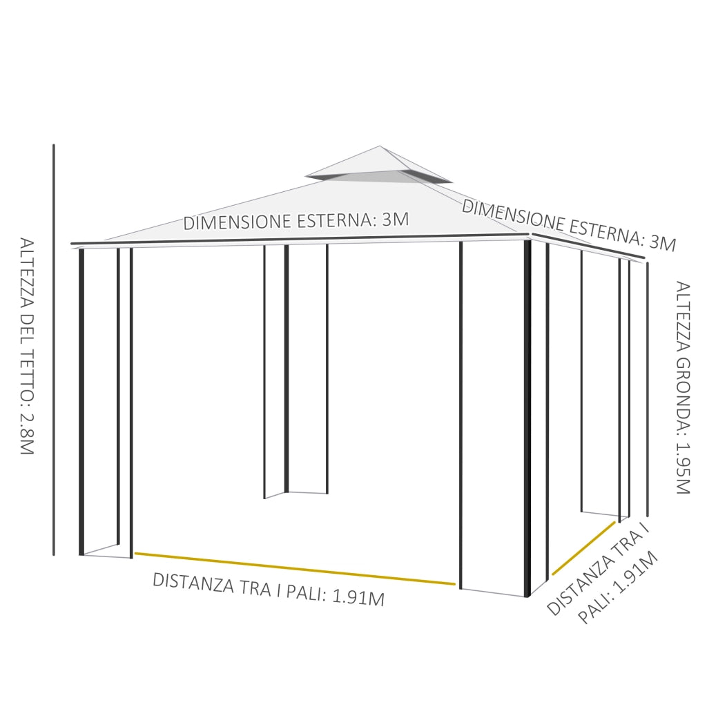 Gazebo da Giardino 3x3m con Zanzariera ¨C Zephmum ¨C Bianco, Acciaio