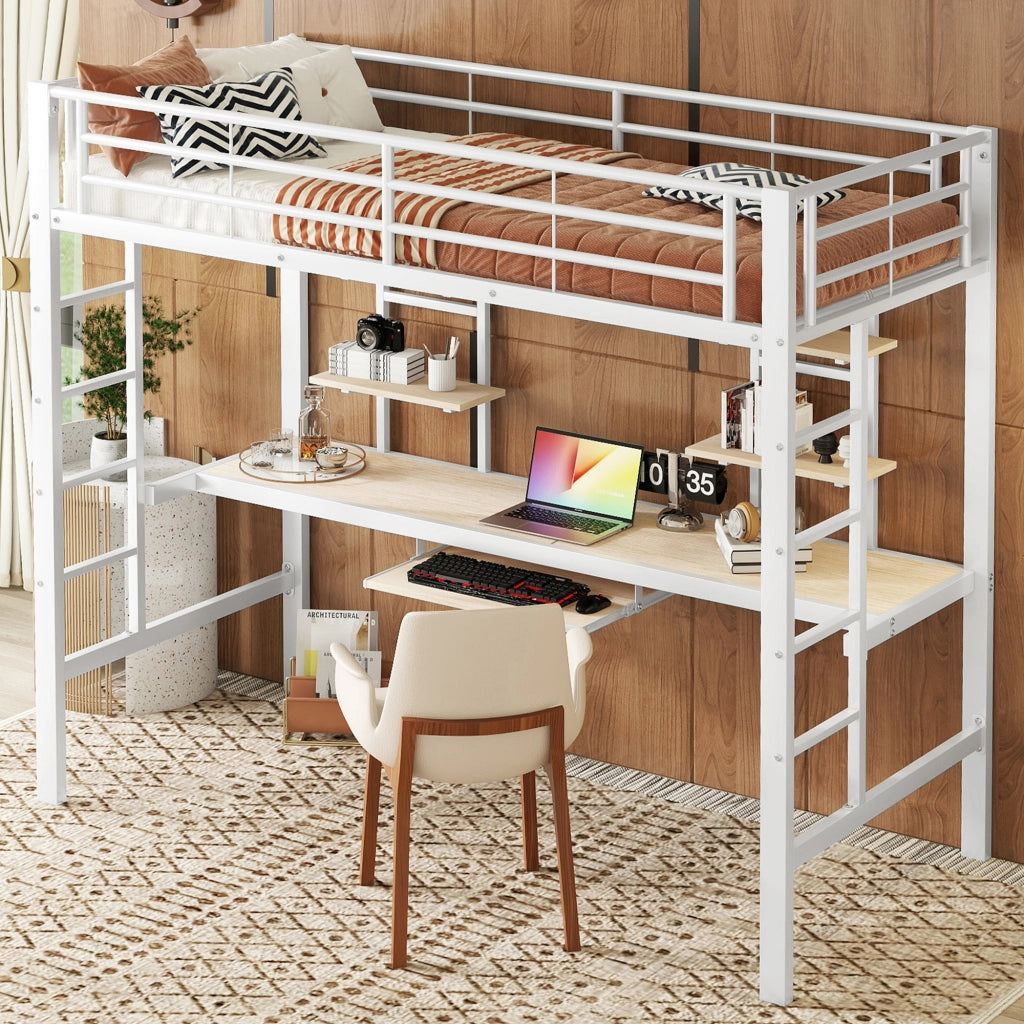 Letto a Soppalco Letto Singolo con Scrivania; 2 Scaffali e Ripiano Tastiera; 90×200 cm; senza Materasso; Bianco