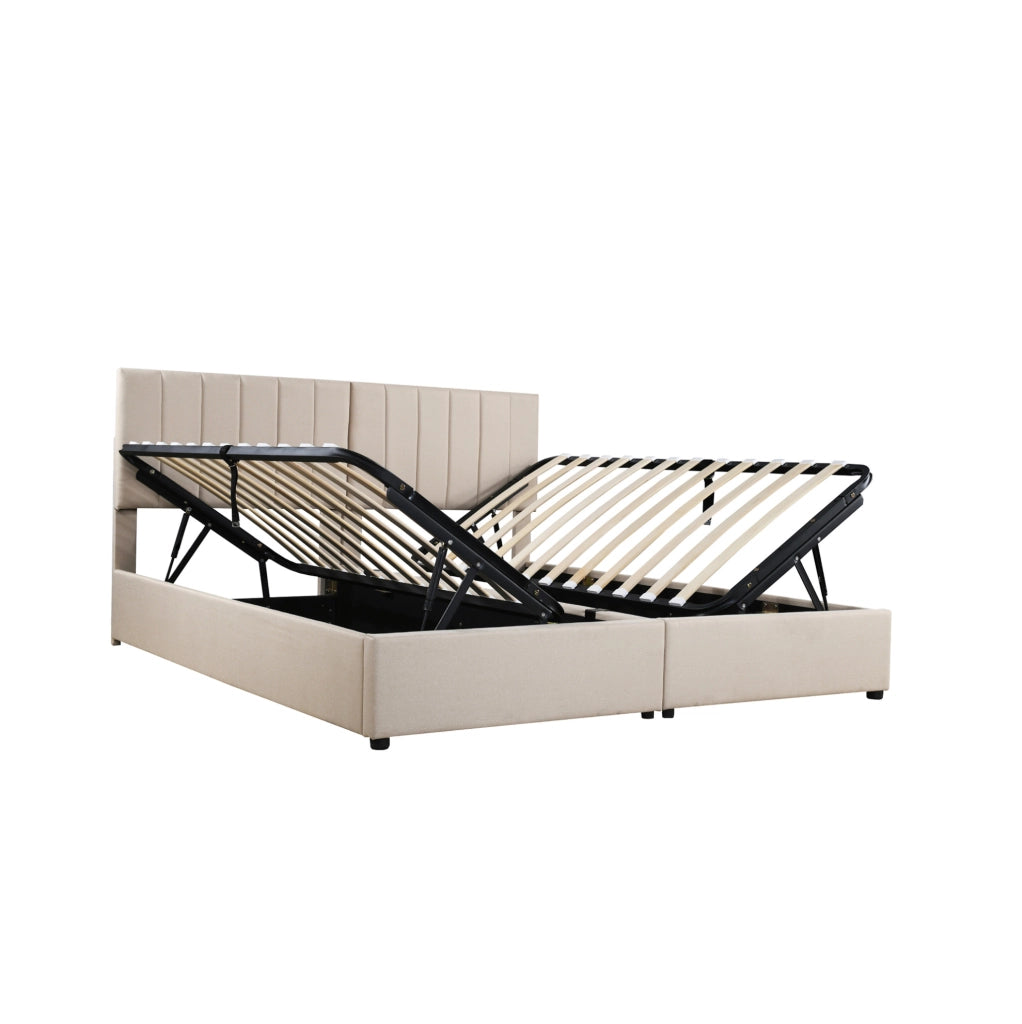 Letto matrimoniale imbottito 180x200 cm con contenitore idraulico; lino beige