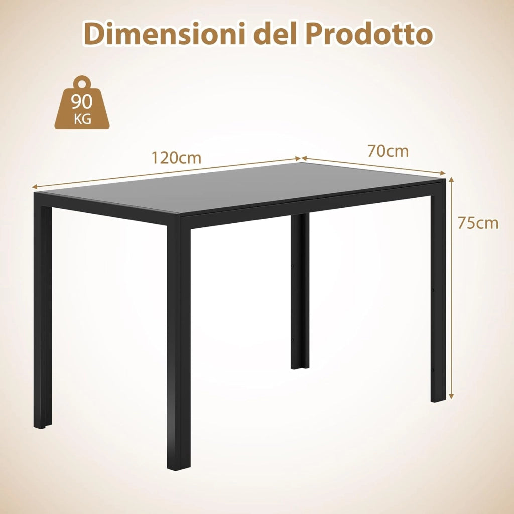 Tavolo da Pranzo Rettangolare per 4 Persone, Tavolino Moderno con Piano in Vetro e Struttura in Metallo Robusta, Tavolo Salvaspazio per Cucina, Soggiorno e Ristorante, 120 x 70 x 75 cm