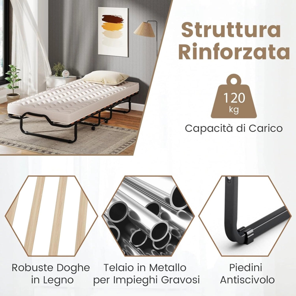 Brandina Pieghevole con Materasso, Struttura Metallica, Materasso in Memory Foam, Trapuntatura a Onda con Imbottitura a Doppia Fibra, 200x90x41 cm, Made in Italy (Stile 2 Beige)