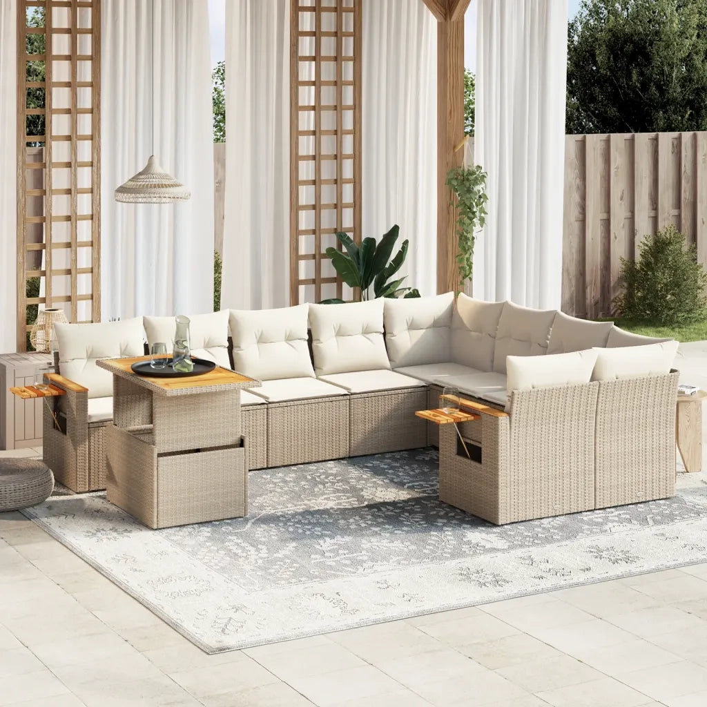 Set Divano da Giardino 10 pz con Cuscini Beige in Polyrattan