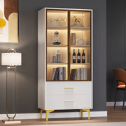 Vetrina in Vetro con 2 Ante e Luce LED ¨C MINIMAL ¨C Bianco/Oro, Ripiani Mobili, 70x35x150