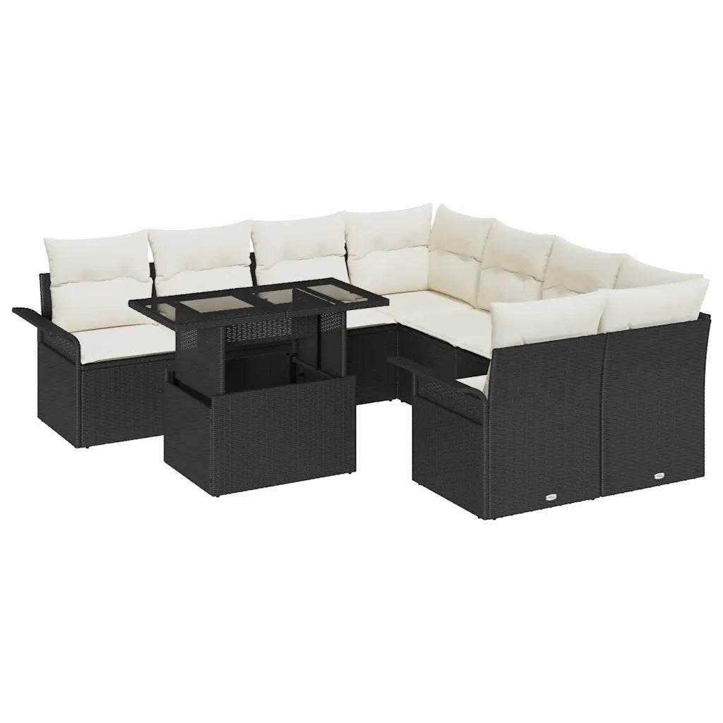 Set Divano da Giardino con cuscino 9 pcs Nero Poly Rattan