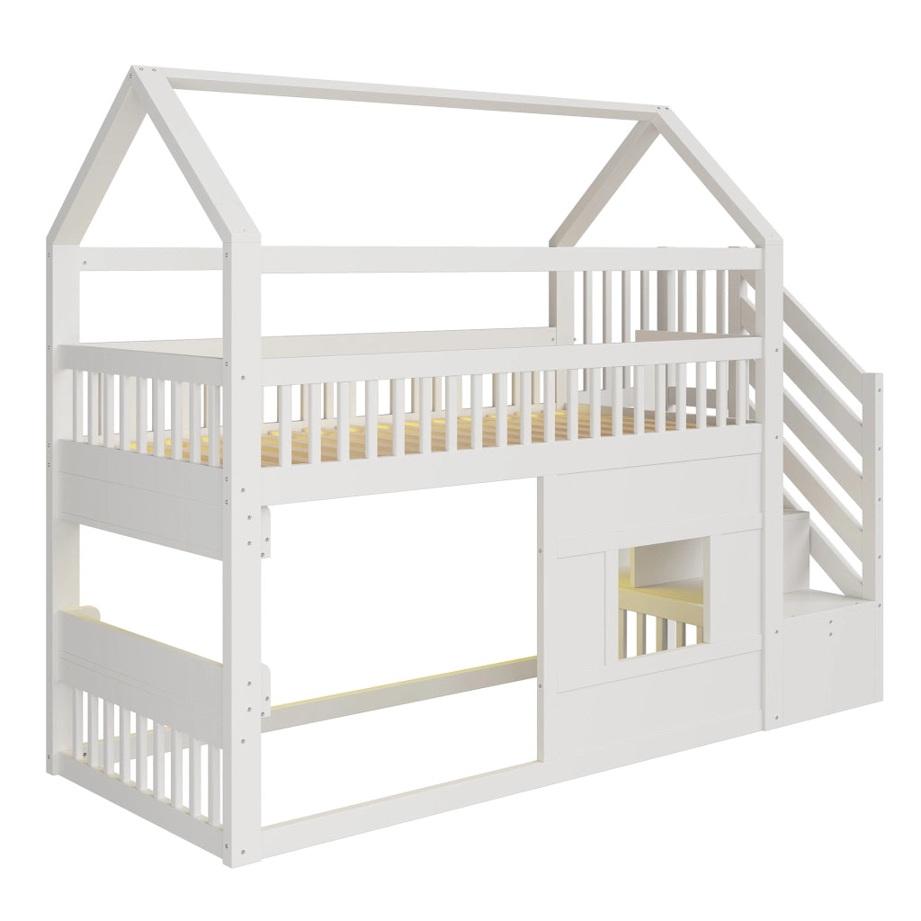 Letto a soppalco per bambini con LED; scala a 2 vani e finestra LEMONMAX; 90x200 cm; cabana mezza altezza; pino massiccio; bianco
