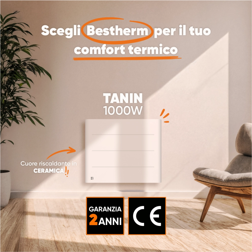 Radiatore elettrico fisso ad inerzia ceramica a secco 1000W TANIN orizzontale bianco