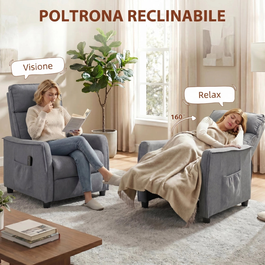 Poltrona Massaggiante  69x93x104 cm Reclinabile a 160° con Poggiapiedi e Telecomando Effetto Lino Grigio Chiaro