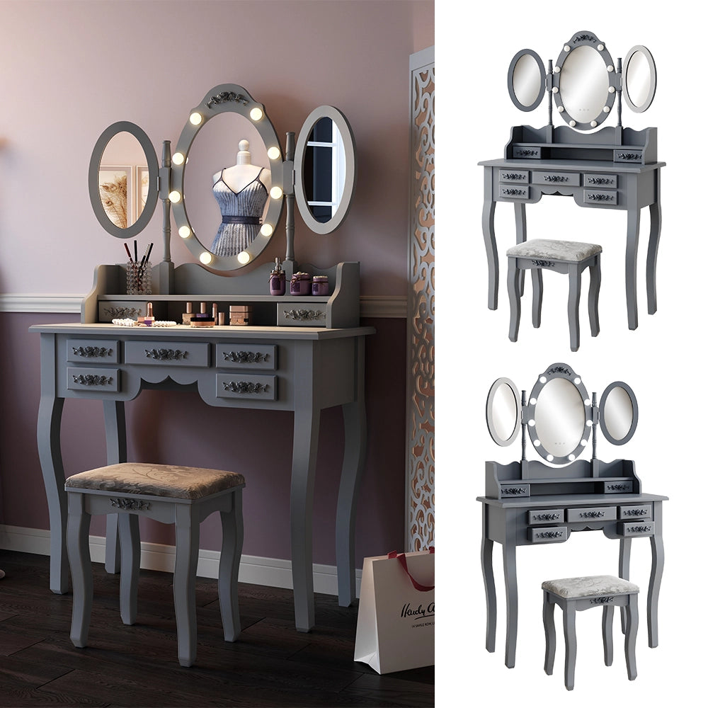 Vicco Tavolo da toilette Grigio 90 cm con illuminazione e sgabello