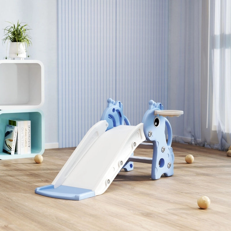 Scivolo per bambini a forma di giraffa con canestro da basket e pallina, blu, 3 in 1