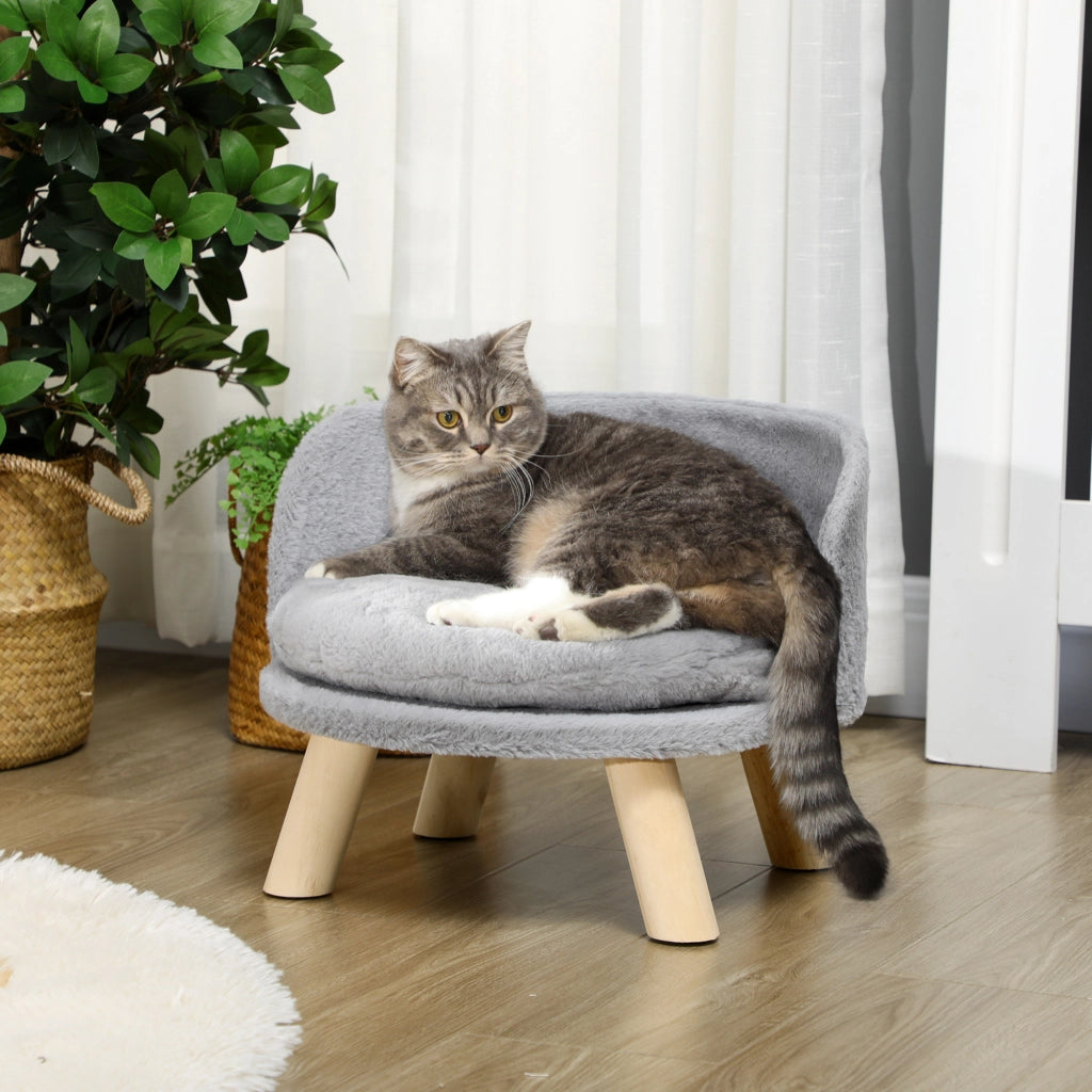Letto per animali con cuscino lavabile in lavatrice, piedi antiscivolo in legno di pino grigio Ø40,5 × 33 cm