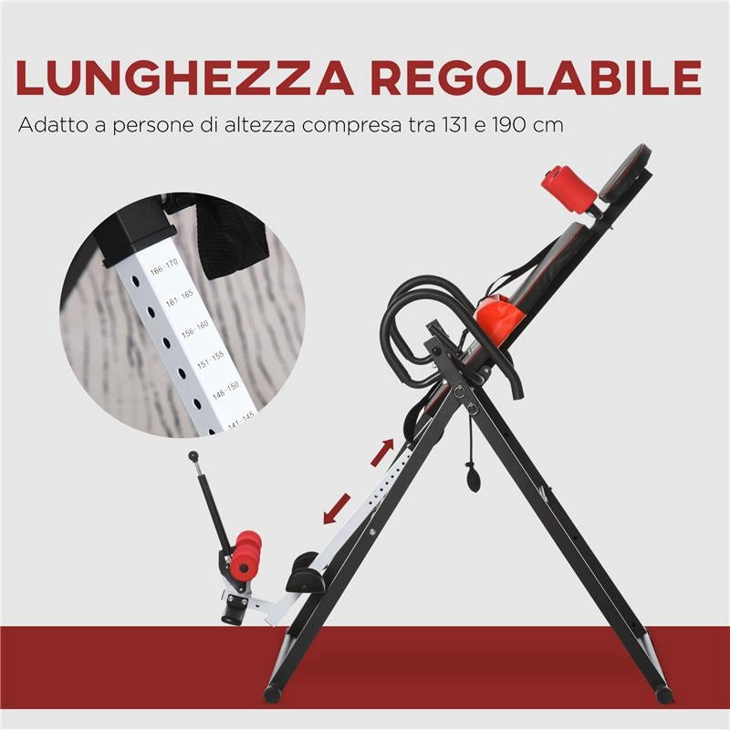 PANCA A INVERSIONE CON ANGOLO E ALTEZZA REGOLABILE E POGGIATESTA IN ACCIAIO E PLASTICA 79X114X153 CM ROSSO E NERO