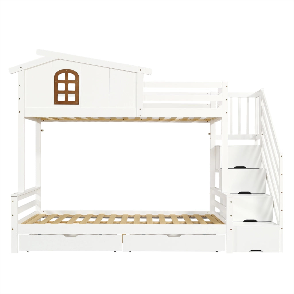 Letto a Castello 90 x 200 e 120 x 200 cm - 2 Cassetti; Scala Angolare - Bianco Naturale