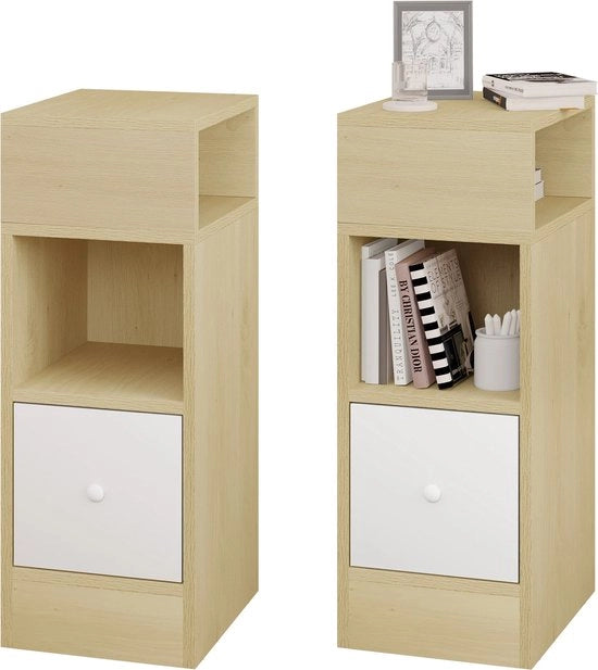 Nachtkastje "Alba" - Set a 2 - Sottile - Moderno - Legno di quercia chiaro - MDF E1 duraturo - Camera da letto - Spazievitore - Lato e 2 cassetti aperti - 25x66x30cm