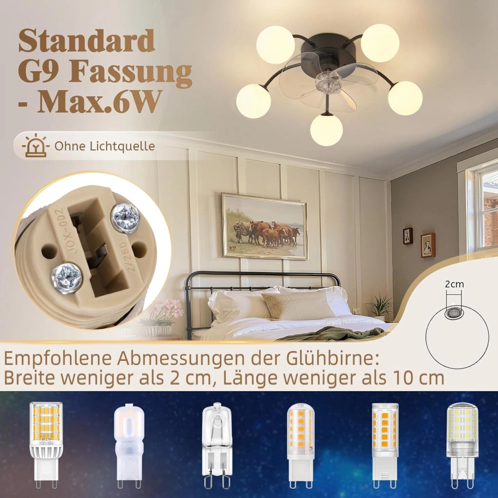 ZMH Ventilatore da Soffitto Silenzioso G9 con Luce Telecomando 6 Velocità per Sala da Pranzo Lampadina Non Inclusa