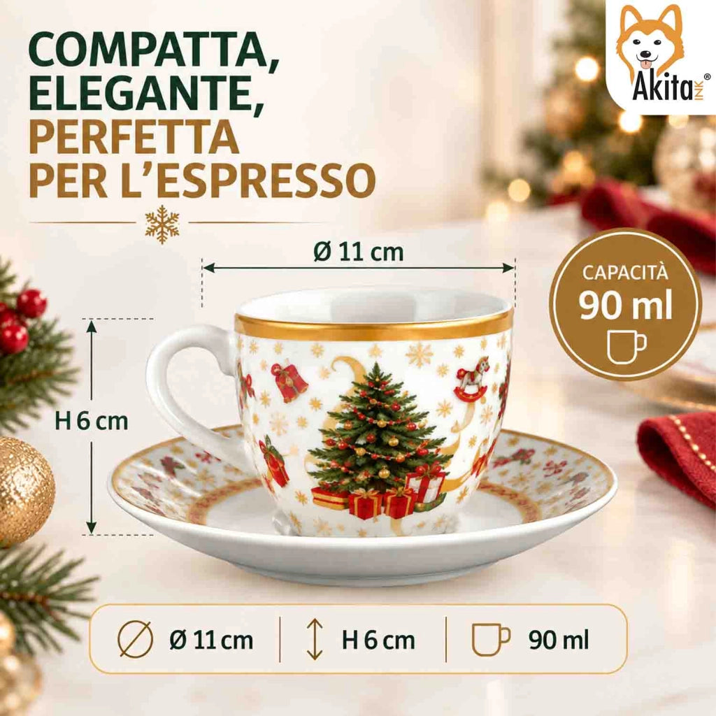 Akitaink 6 Tazzine da Caffe' Christmas Tree Gold con Piattino